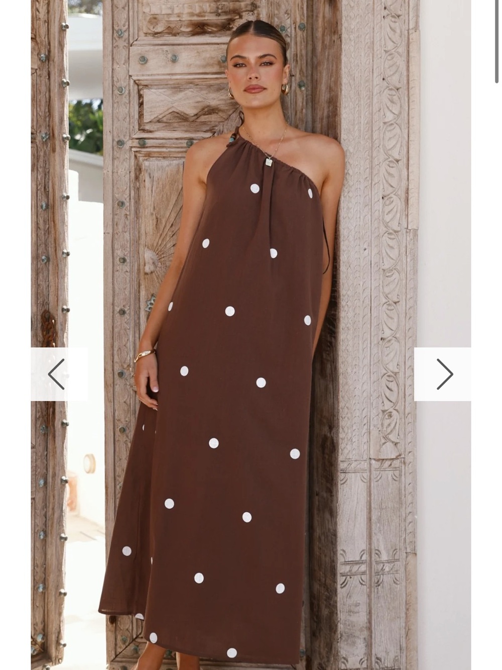 Polka Dot One-Shoulder Brown Maxi Dress